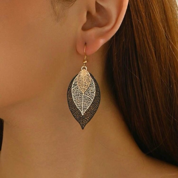 Gold and Black Leaf Earrings - Picture 3 of 4